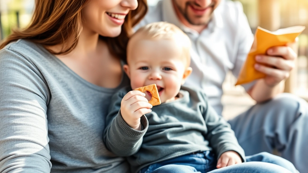 Parent and baby sitting together during snack time, baby holding a teething cracker, parent holding chips in background, warm family moment, afternoon sunlight