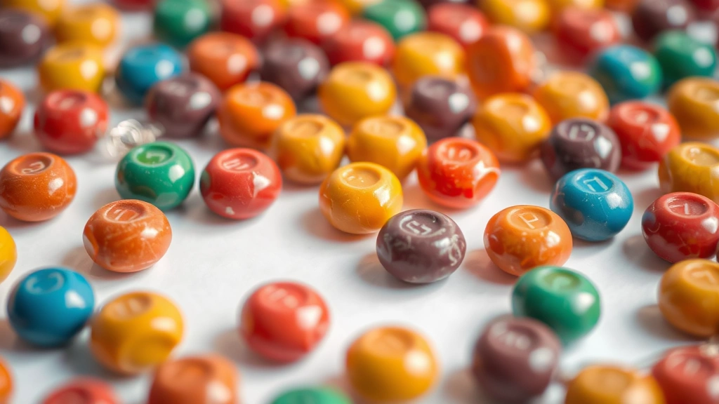 Close-up of colorful round caramel candies with shiny hard candy shell coating, scattered on white surface with soft natural lighting