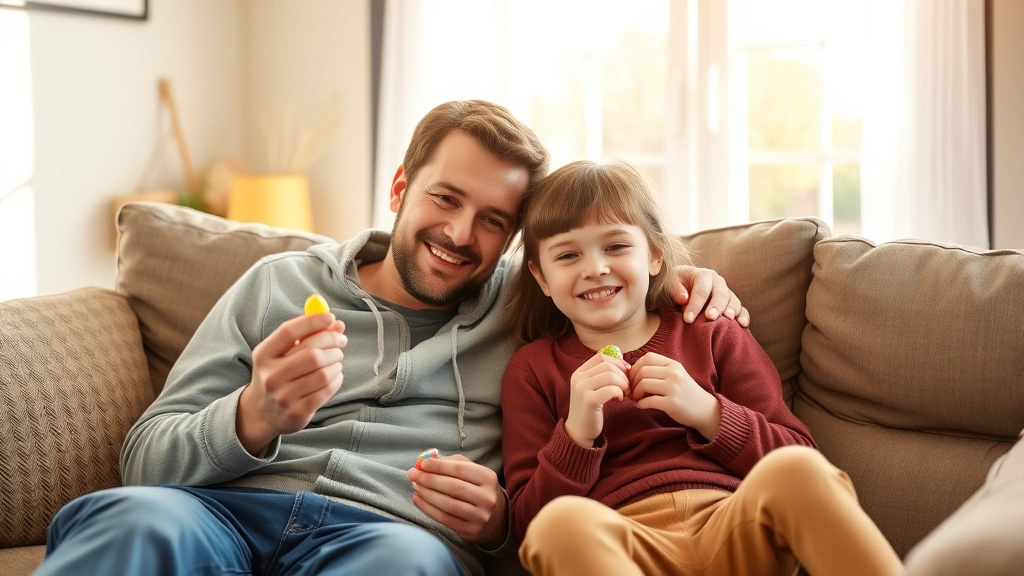 Parent and child sitting together on couch enjoying small candies as special treat, warm home setting with afternoon sunlight through window