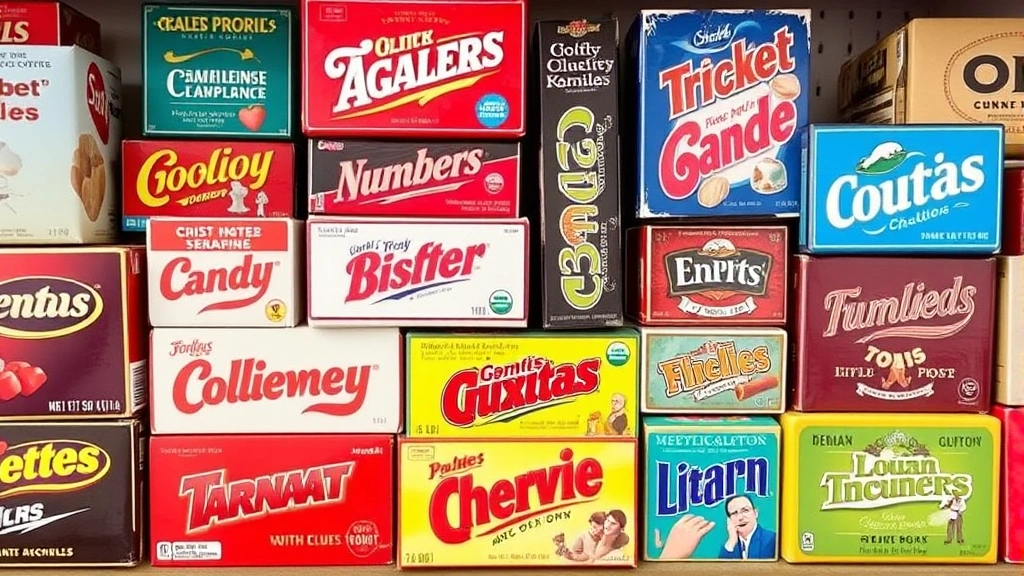 Assorted vintage and modern candy boxes displayed together on shelf, showing different sweet treat options for families to choose from