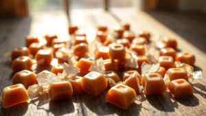 Close-up of unwrapped Sugar Babies caramel candies scattered on a vintage wooden table with natural sunlight, showing rich brown color and texture