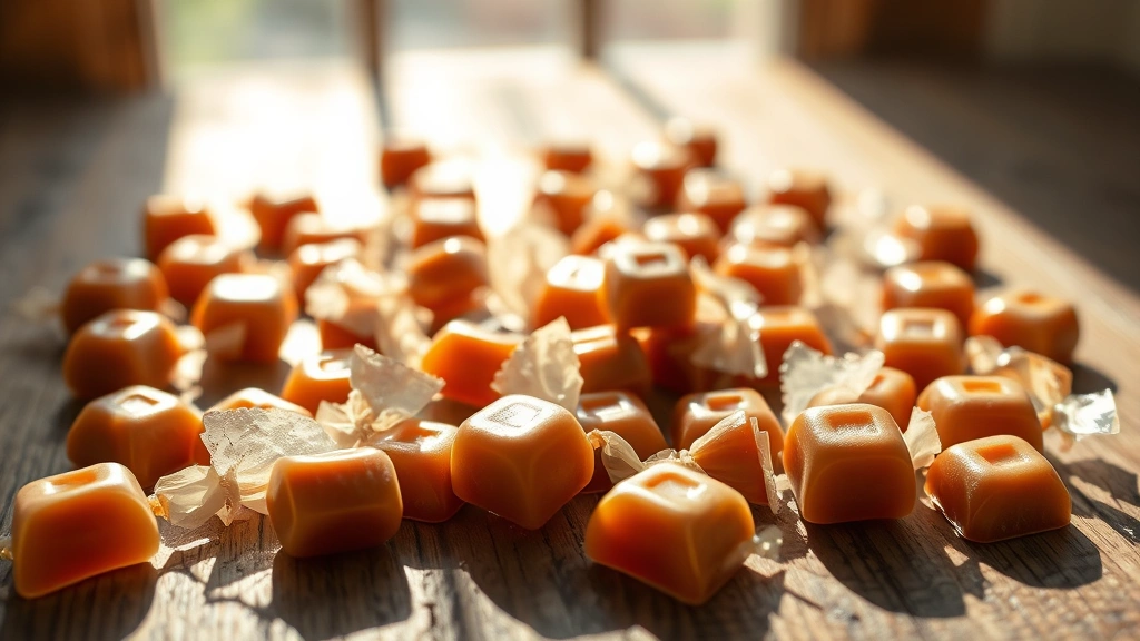 Close-up of unwrapped Sugar Babies caramel candies scattered on a vintage wooden table with natural sunlight, showing rich brown color and texture