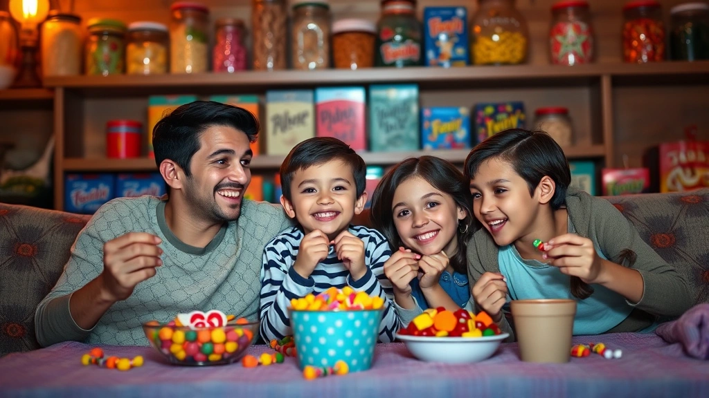 Family enjoying candy together at a retro-themed movie night, colorful vintage candy boxes and jars in background, warm cozy atmosphere