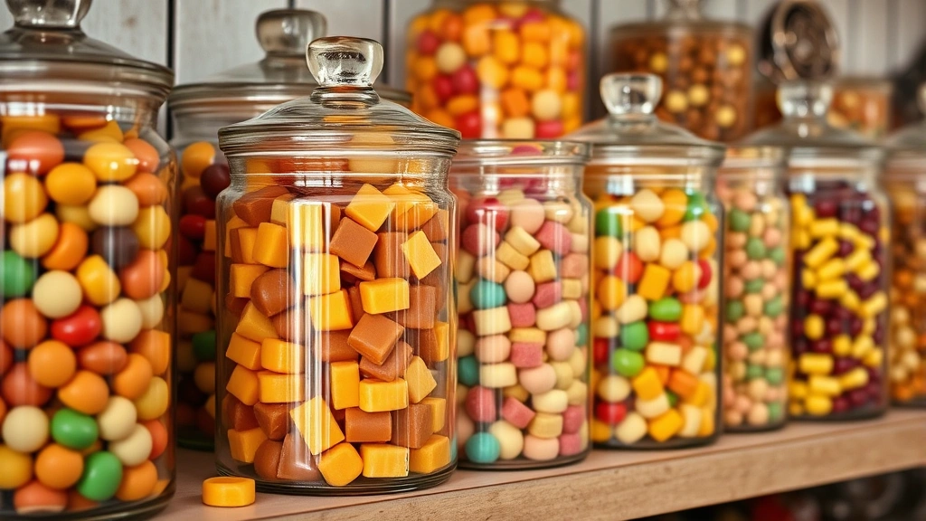 Colorful assorted vintage candies including caramel pieces in glass jars on a shelf, nostalgic candy shop display aesthetic