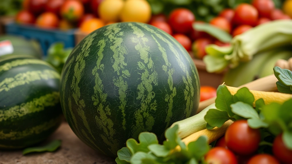 Close-up of a round, dark green Sugar Baby watermelon sitting on a farmers market table surrounded by other fresh produce