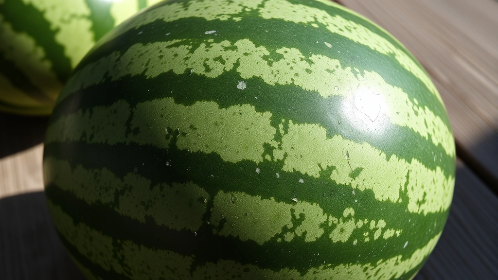 Close-up of a whole Sugar Baby watermelon with dark green rind and visible striping pattern, photographed on rustic wooden surface with natural sunlight