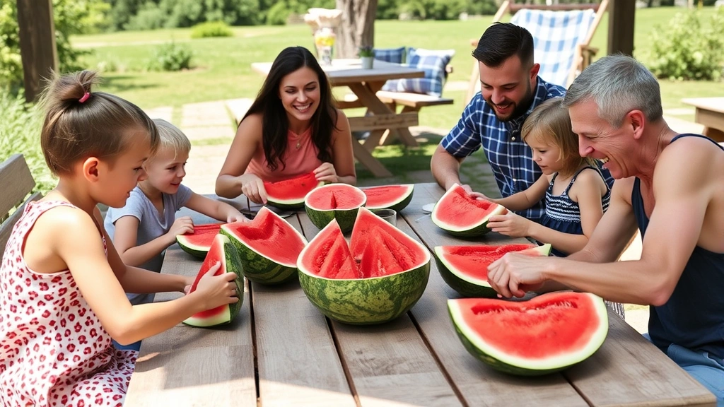 A family gathered around a picnic table slicing and enjoying fresh Sugar Baby watermelon together on a sunny summer day