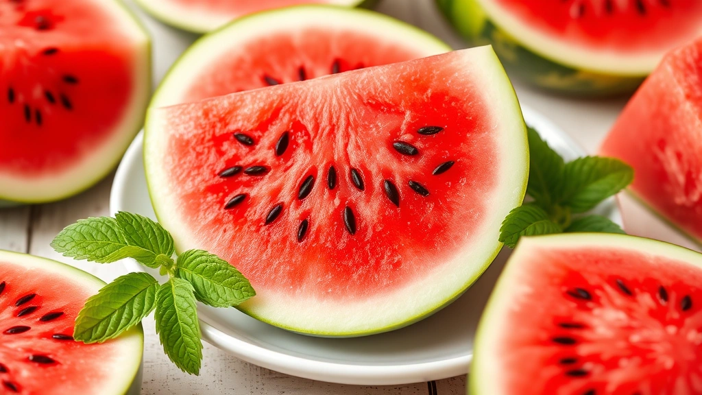 Sliced Sugar Baby watermelon displaying bright red flesh and small black seeds, arranged on white ceramic plate with fresh mint leaves