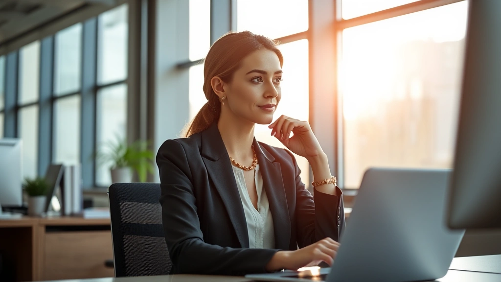 Professional woman in business attire sitting at office desk, hand on desk looking thoughtful, morning light through windows, modern office setting