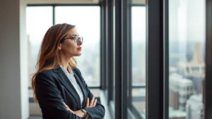 Professional woman in business attire looking thoughtfully out an office window, soft natural lighting, modern high-rise office setting, contemplative expression