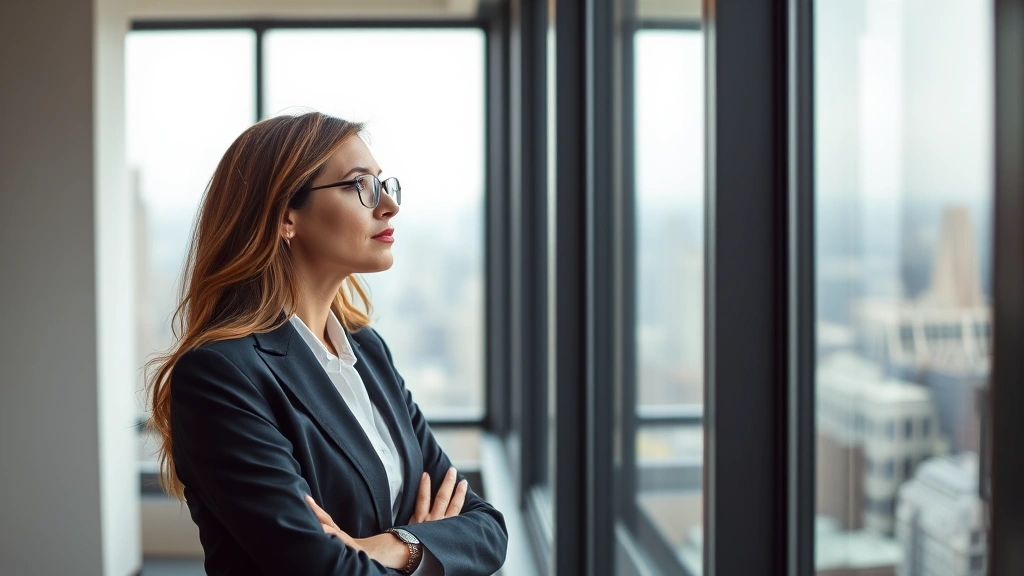 Professional woman in business attire looking thoughtfully out an office window, soft natural lighting, modern high-rise office setting, contemplative expression