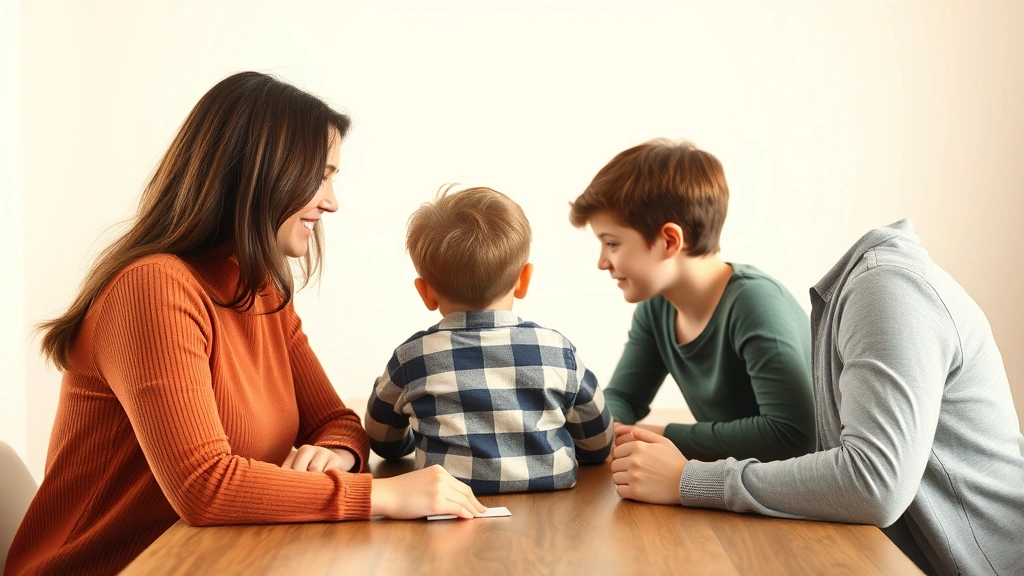 Two parents sitting across from each other at a table with a child between them, warm lighting, focused on shared parenting moment, neutral professional setting