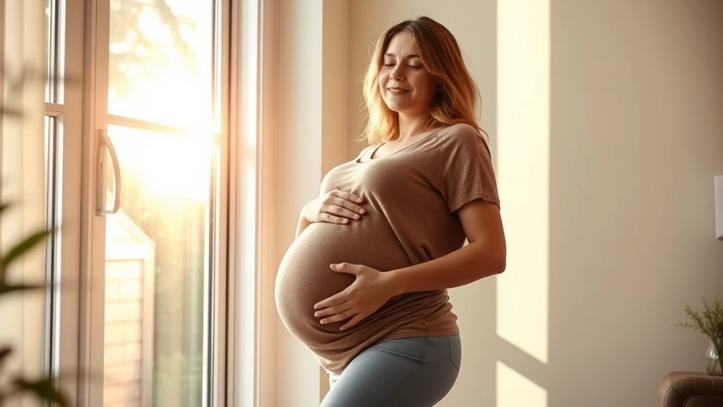 Pregnant woman in casual clothing standing by a window with morning sunlight, peaceful expression, hand on belly, natural home environment