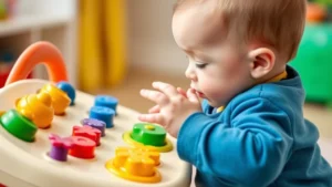 Infant reaching toward colorful buttons on an interactive toy, bright primary colors, hands engaged with sensory play station