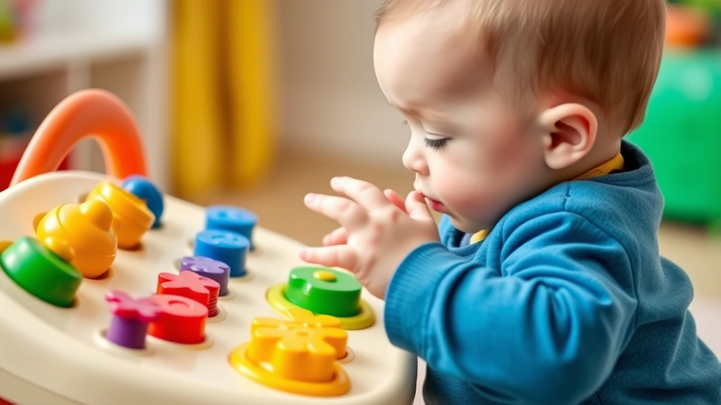 Infant reaching toward colorful buttons on an interactive toy, bright primary colors, hands engaged with sensory play station