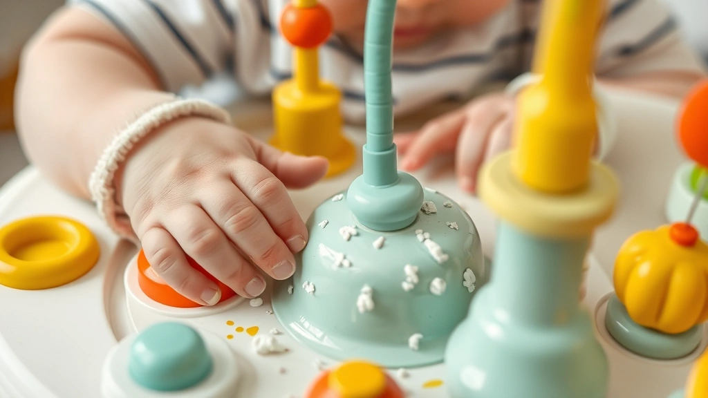 Baby's hands exploring textured spinning elements and beads on a sensory play center, multiple colors and textures visible, close-up detail shot