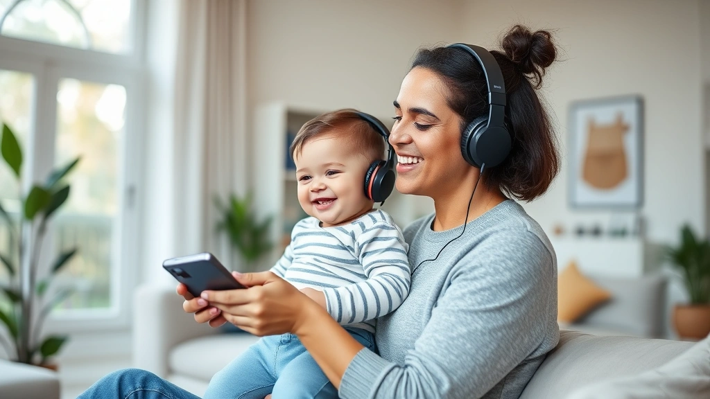 Parent listening to podcast with headphones while holding happy toddler in bright, modern living room with natural light