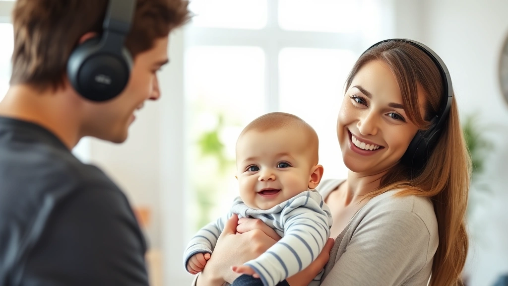 Parent wearing headphones while holding a happy infant, both smiling in a bright, modern home setting with soft natural lighting