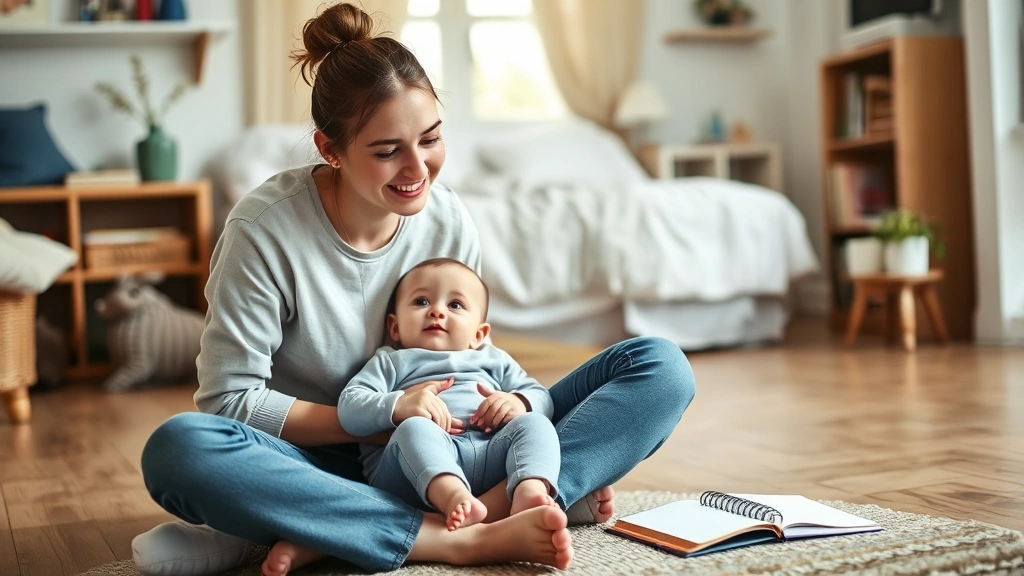 Young mother sitting on floor with baby, smiling and engaged, notebook nearby suggesting note-taking, cozy home setting