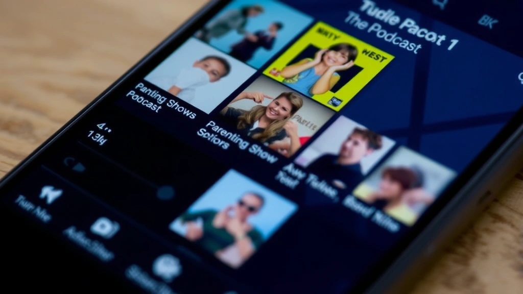 Close-up of a smartphone displaying a podcast app interface with various parenting show thumbnails visible on screen