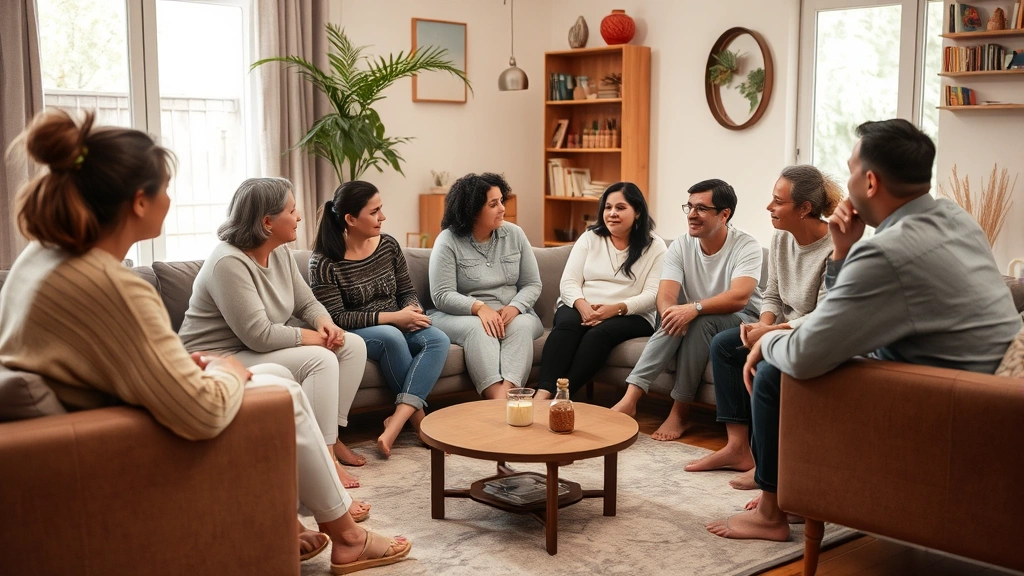 Diverse group of parents sitting in a circle during an informal discussion, engaged and listening attentively to each other in a cozy living room