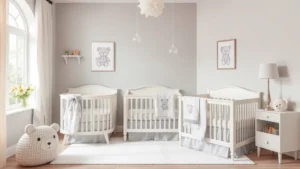 Elegantly decorated modern nursery featuring soft gray and cream tones with subtle teddy bear motifs on bedding and wall art, natural lighting from large window