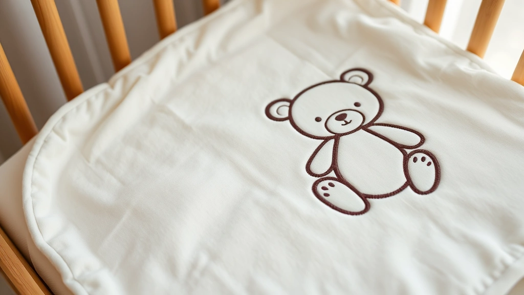 Close-up of premium quality baby blanket with refined embroidered bear design, soft cotton texture visible, neutral color palette on wooden crib