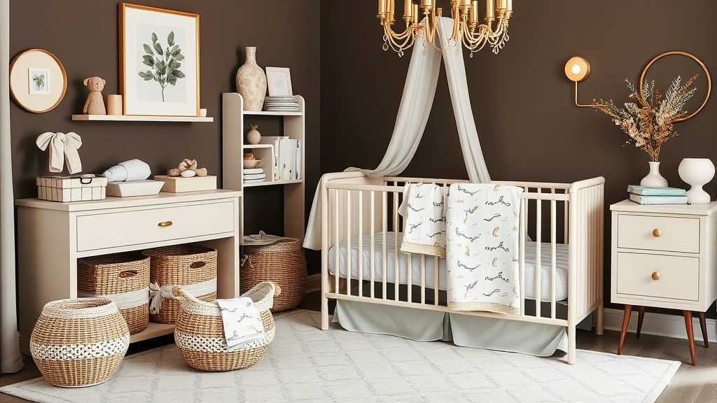 Luxury nursery corner displaying coordinated baby products including crib bedding, storage baskets, and decorative elements in sophisticated European design aesthetic