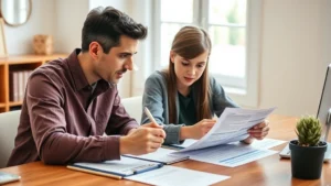 A parent and teenage child reviewing financial documents together at a wooden desk, both looking engaged and thoughtful, natural lighting from a window, home office setting