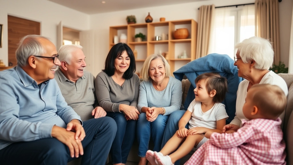 Multi-generational family gathered in a living room, grandparents, parents, and children, having a casual conversation, warm and comfortable home environment, genuine interaction