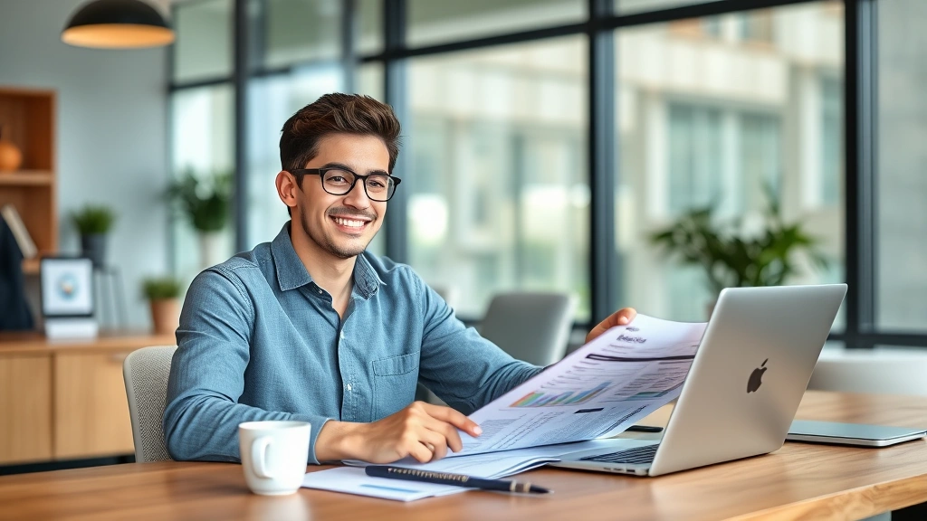 A young adult confidently reviewing investment statements at a modern desk with laptop and coffee, professional but relaxed atmosphere, natural workspace lighting