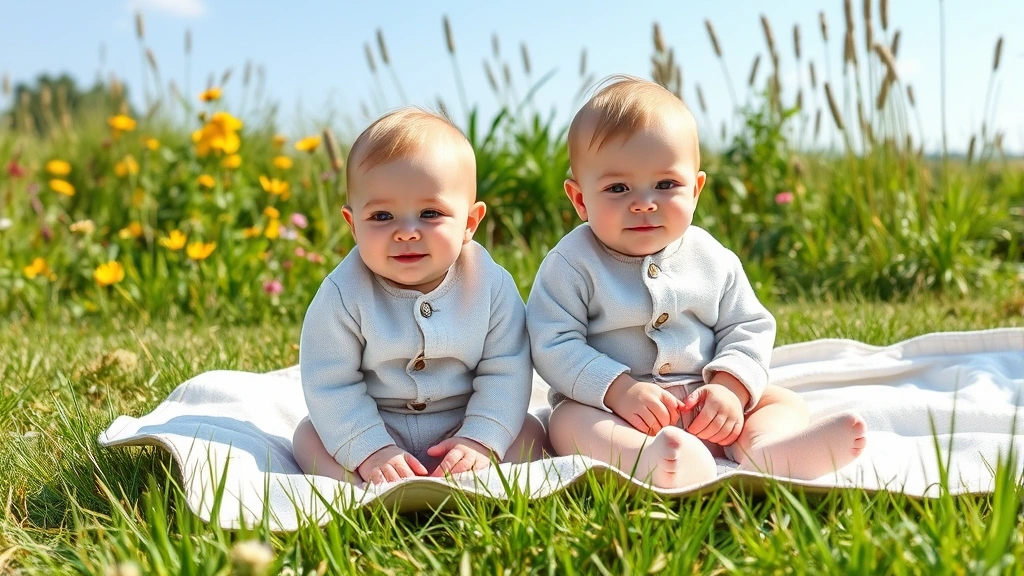 Two infants in soft clothing sitting on a blanket outdoors in a safe garden setting, surrounded by wildflowers and green grass, sunny day with clear sky