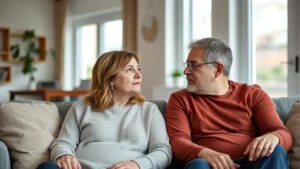 Adult man and woman having a serious conversation in a comfortable living room, sitting on a couch with thoughtful expressions, natural lighting from windows