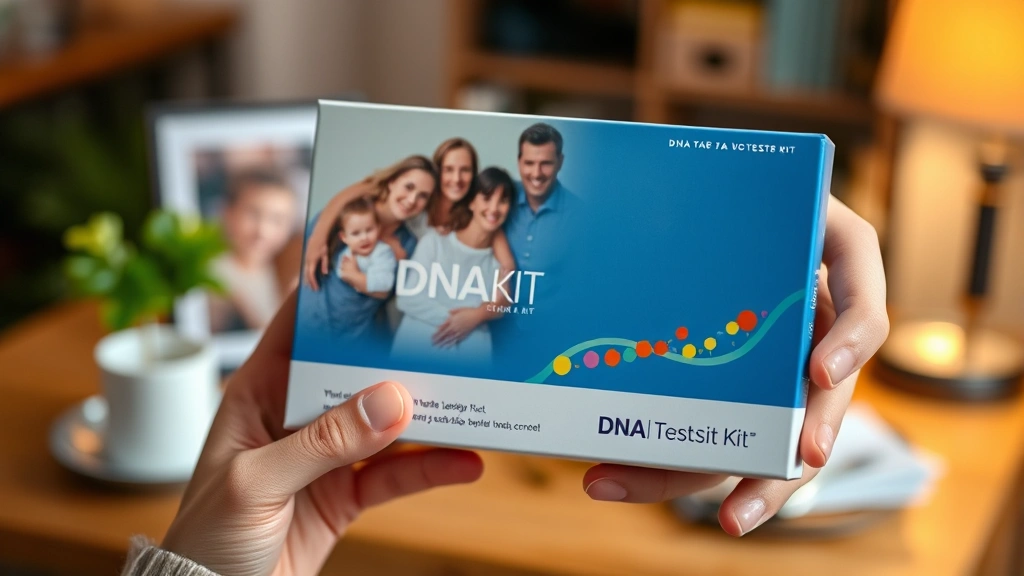 Close-up of hands holding a DNA test kit box with a blurred family photo on a table in the background, warm indoor lighting