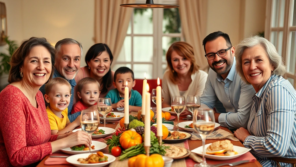 Multigenerational family gathering around a dinner table, various ages and ethnicities, smiling and connected, natural family warmth, candlelit ambiance