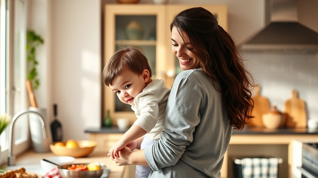 Parent holding a toddler on their hip while preparing dinner in a bright kitchen, both looking content and connected, warm natural lighting