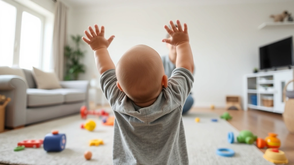 Baby reaching arms toward parent across a living room with toys scattered on floor, expressing the desire for closeness and security