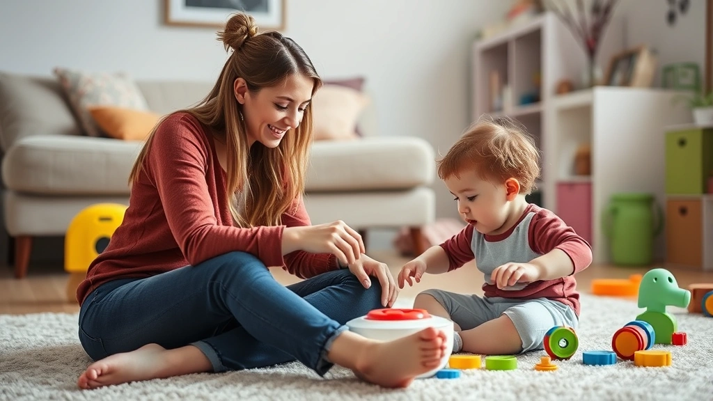 Mother sitting on floor playing with toddler nearby while child independently explores toys, both in same room with comfortable distance between them