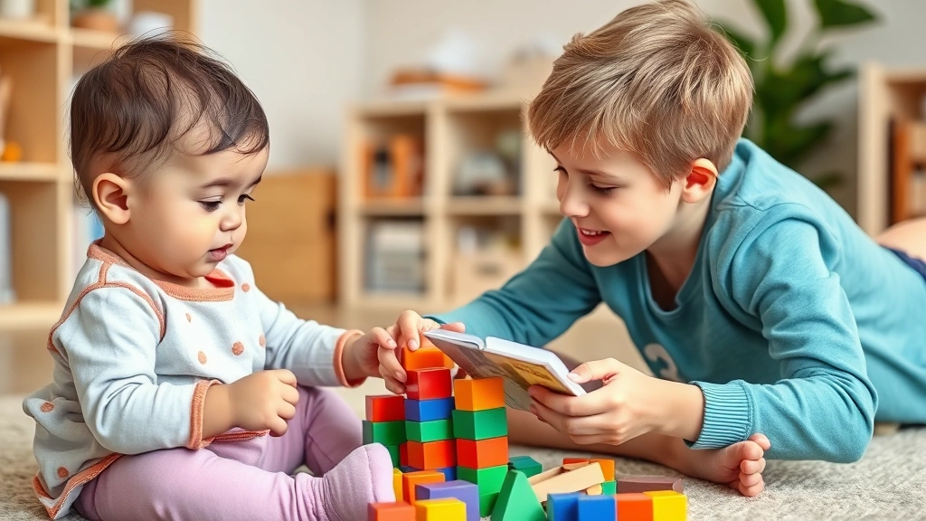 Toddler playing independently with blocks while parent sits nearby reading, showing secure attachment with developing autonomy