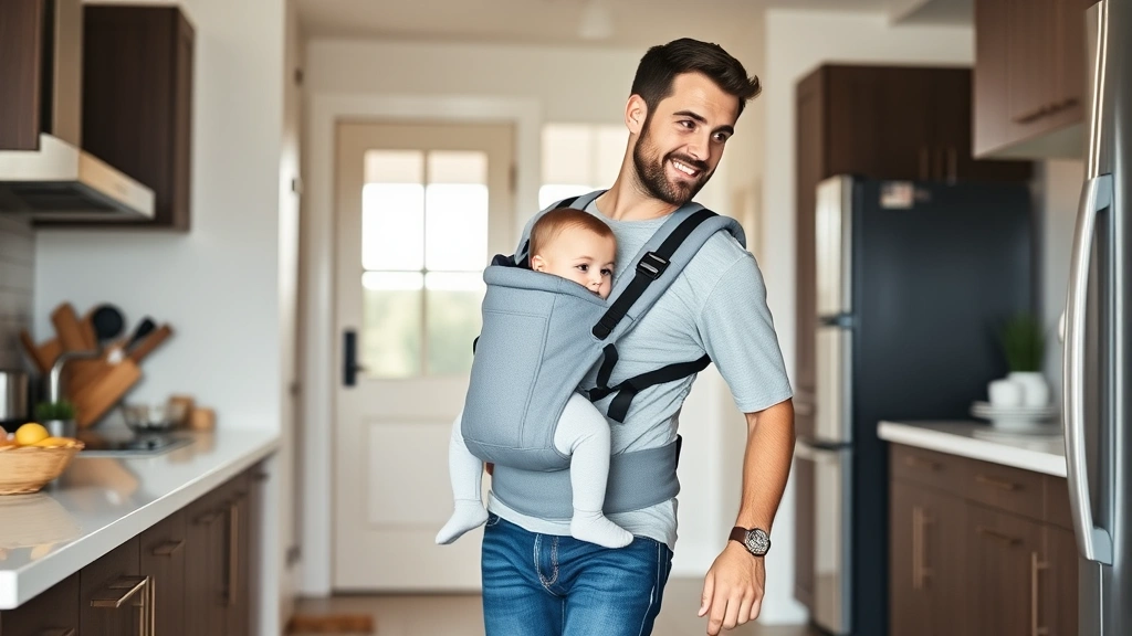 Father walking through home carrying baby in structured carrier on chest while moving through kitchen, hands-free parenting demonstration in modern home setting