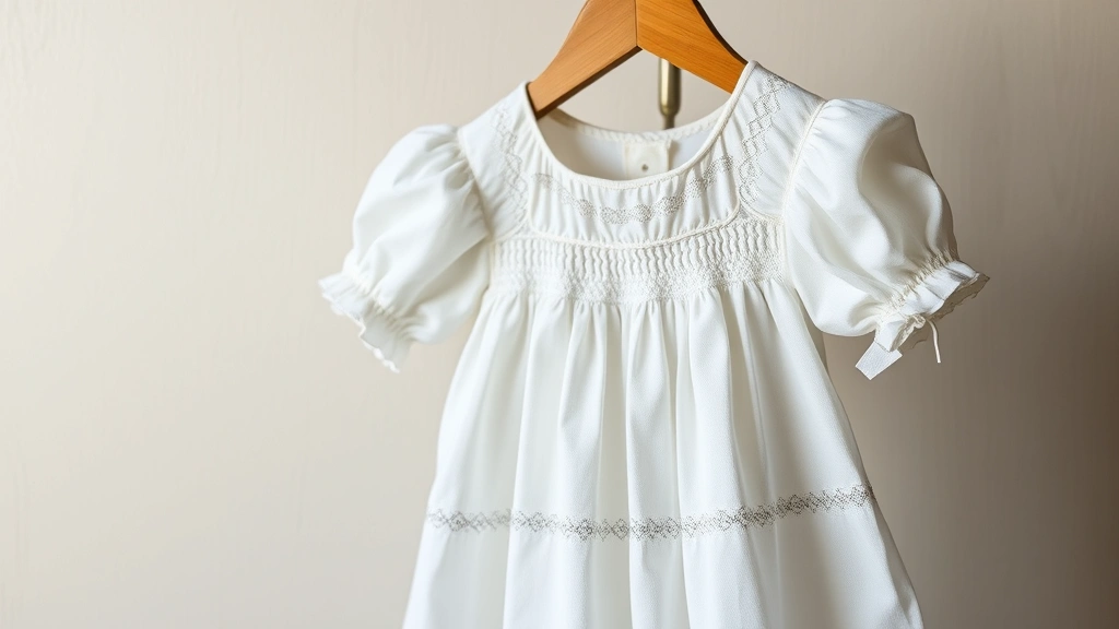 Soft-focus photograph of delicate vintage baby dress with hand-smocked details and lace trim hanging on wooden hanger against neutral wall background