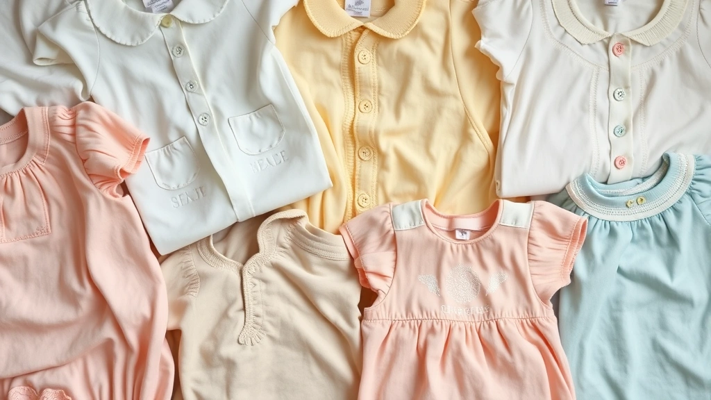 Flat lay composition of neatly folded vintage baby garments in pastel colors, displaying various textures and patterns from different decades