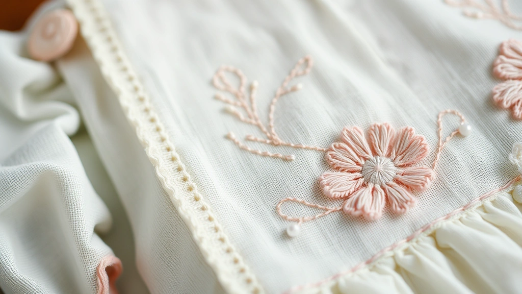 Close-up detail shot of intricate embroidery and fine stitching on vintage baby clothing, showing craftsmanship and fabric quality