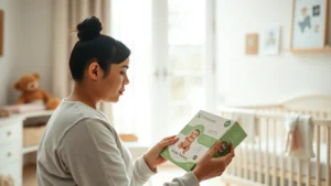 Parent carefully examining baby product packaging in bright home nursery with natural light, focused thoughtful expression, modern minimal decor background