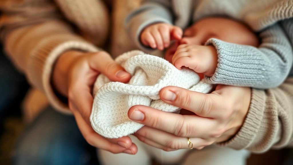 Hands holding soft baby item with parent and infant bonding moment, warm lighting, close-up of textures and materials, cozy home environment