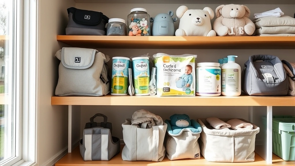 Organized baby gear neatly arranged on shelf showing different product categories, clean modern storage space, natural daylight illuminating items