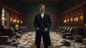 A solitary man in 19th century formal attire standing in a grand plantation library, surrounded by scattered papers and letters, face expressing shock and devastation, candlelit atmosphere