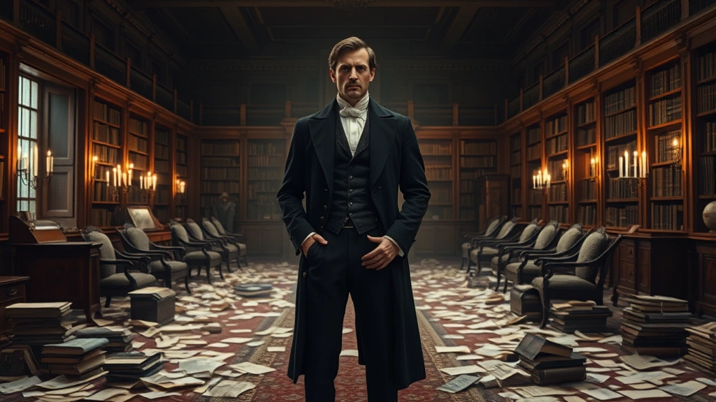 A solitary man in 19th century formal attire standing in a grand plantation library, surrounded by scattered papers and letters, face expressing shock and devastation, candlelit atmosphere