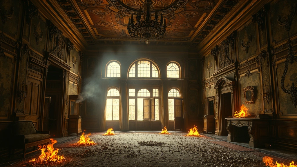 An ornate mansion interior with burning embers and ashes floating through a grand room, abandoned and deteriorating, dust particles visible in fading light, no people present