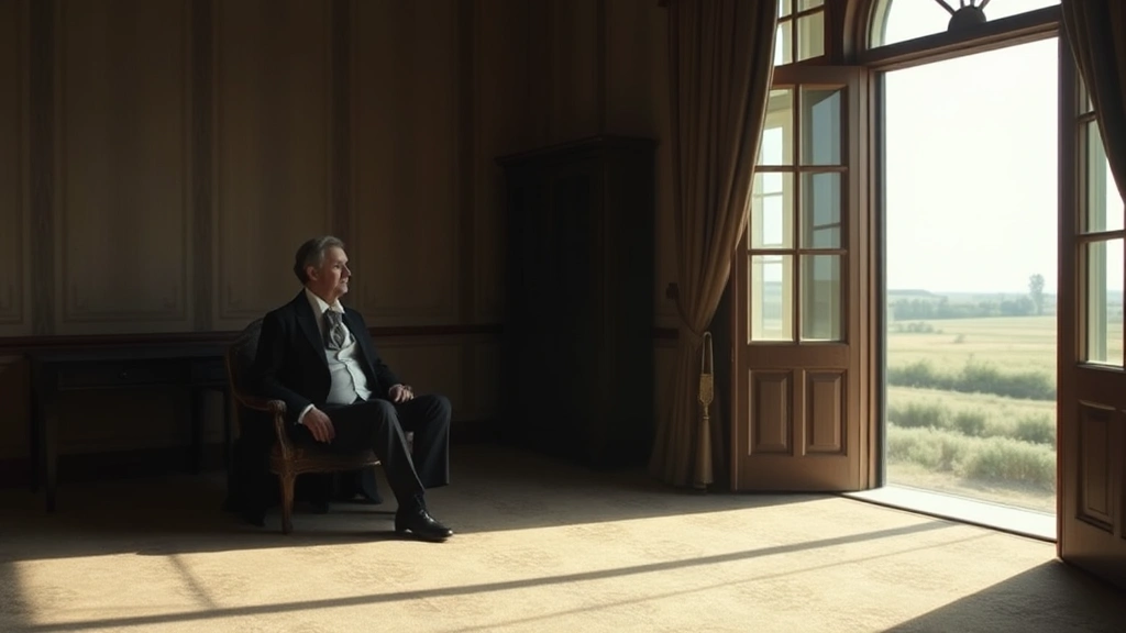 A man in formal period clothing sitting alone by a window in an empty parlor, looking out toward distant fields, expression haunted and remorseful, morning light casting long shadows